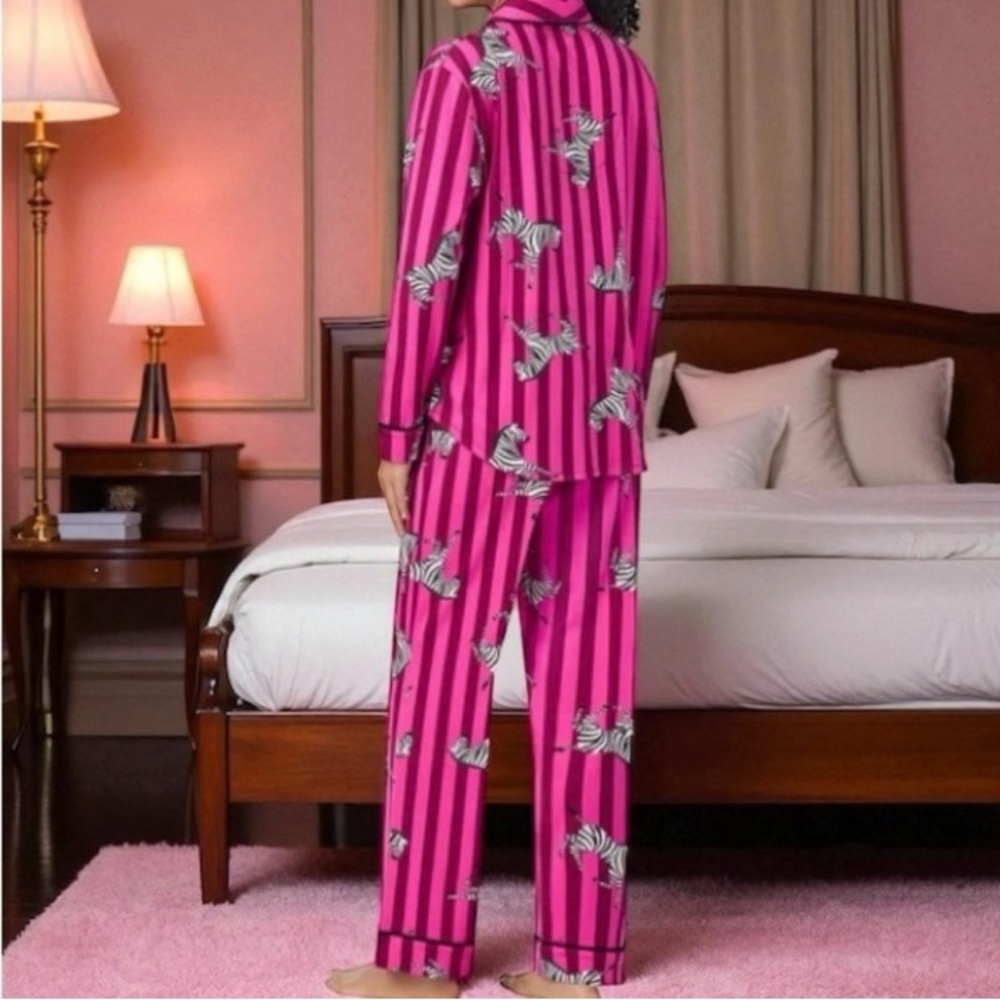 Room Service Pajama Set Pink Zebra Print Striped L - Picture 2 of 10